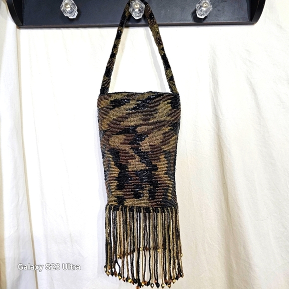 None Handbags - Beaded bucket bag beaded fringe magnetic button closure camo tapestry